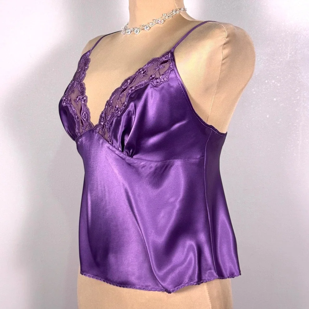 Y2K Victorias Secret Purple Satin Lace Trim Camisole Backless Top Tie Back Med